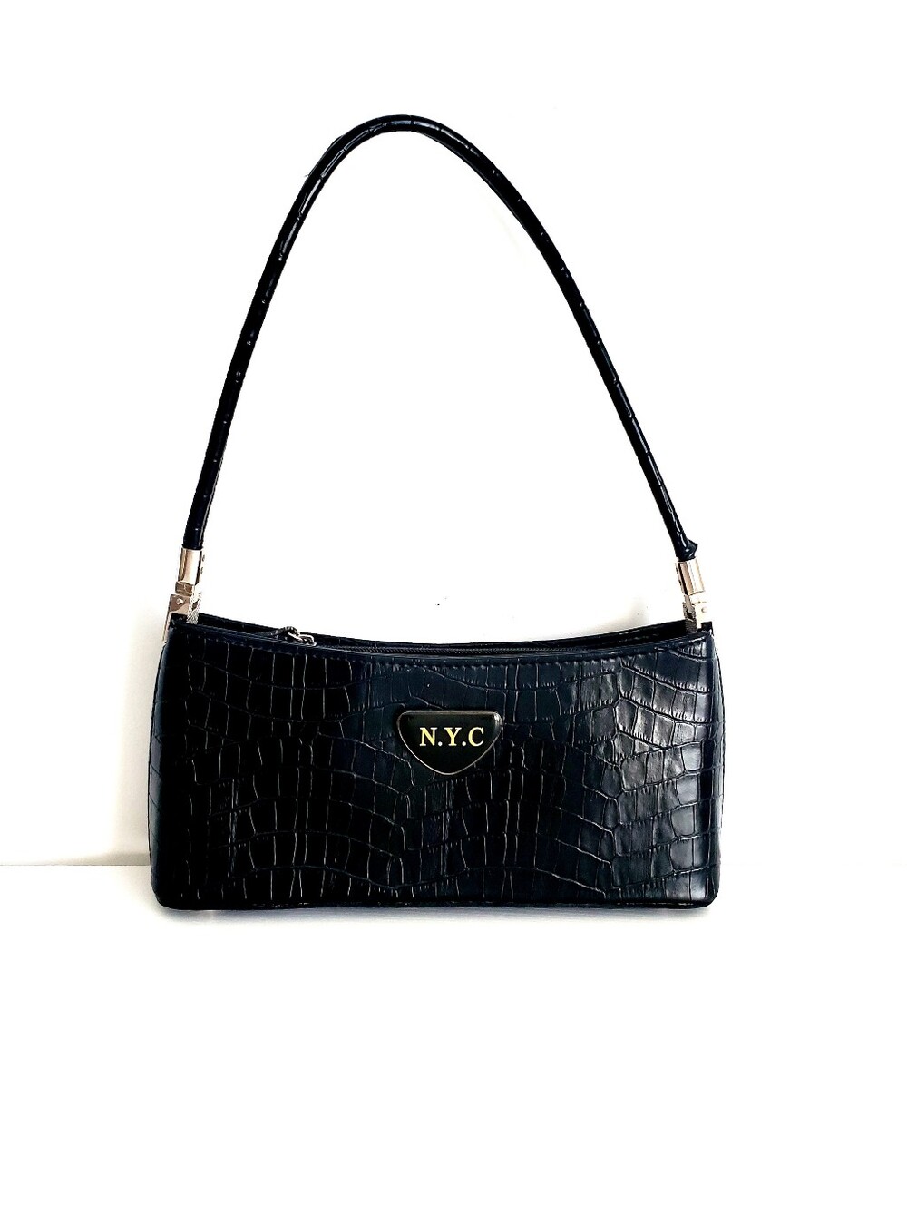 New York & Company Black Croc-Embossed Shoulder Bag with Gold Logo